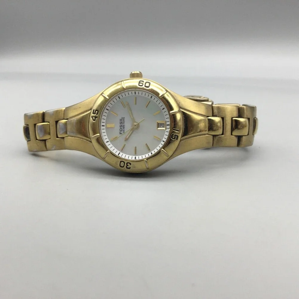 Fossil AM-3859 Womens Watch 25mm White MOP Dial Gold Tone Date New Battery 6